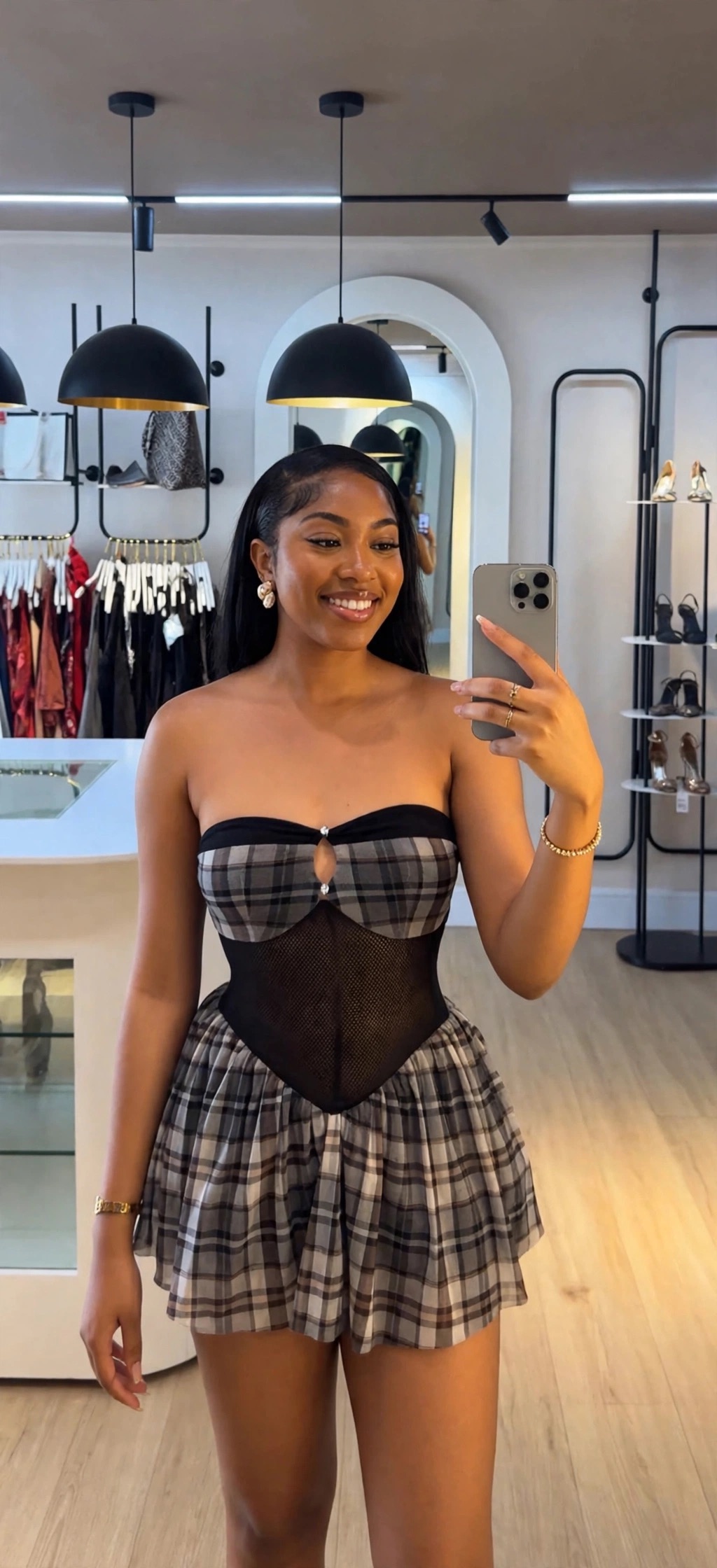 Black & Grey Plaid Corset Mini Dress