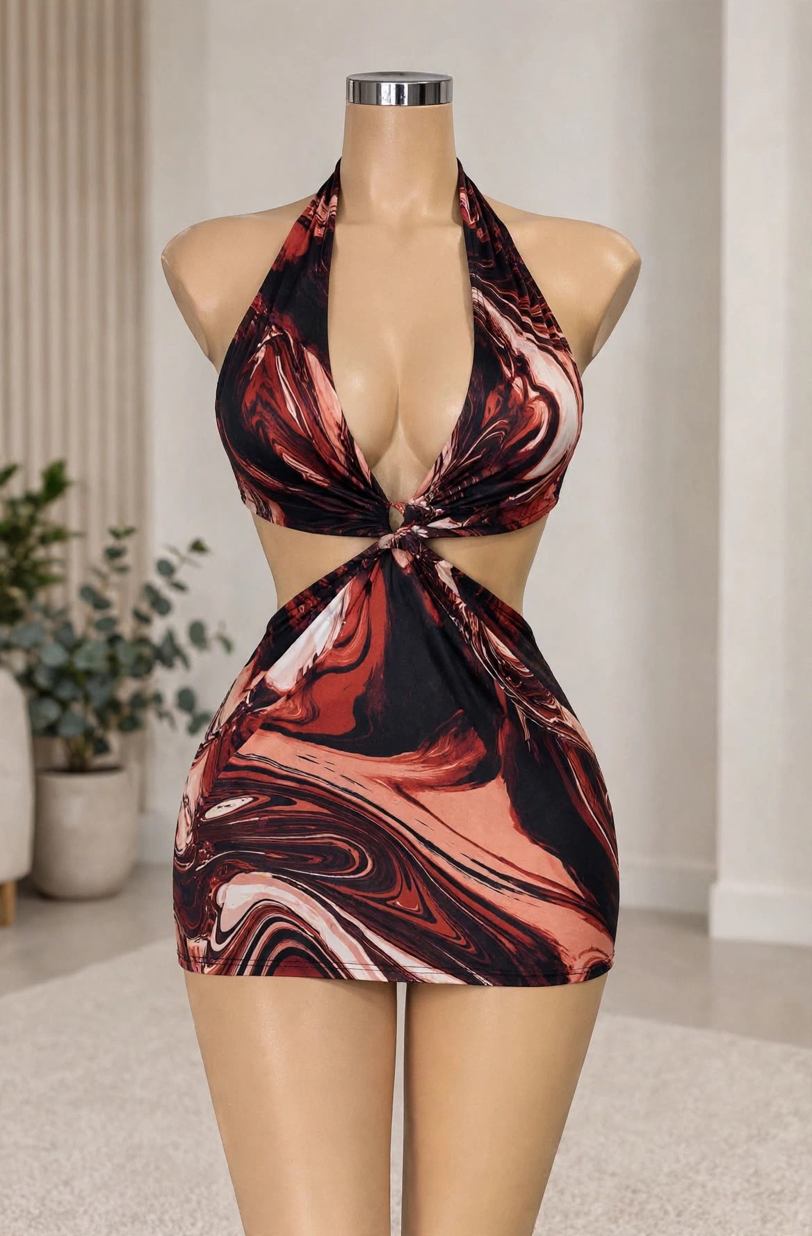 Abstract Print Halter Neck Club Mini Dress 🖤❤